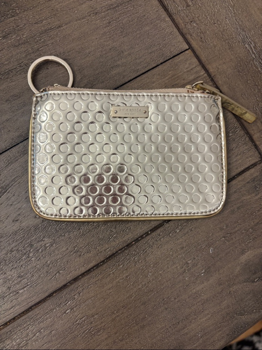 kate spade metallic gold dotted leather zip card case with keyring